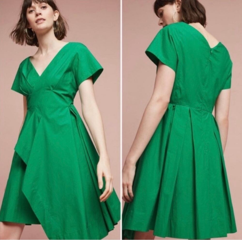 Anthropologie Maeve Seamed Poplin Origami Pleated Dress Green Asymmetrical 00P